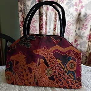 Artistic Giraffe Print Tote Bag - Multicolor. Handtooled Leather.